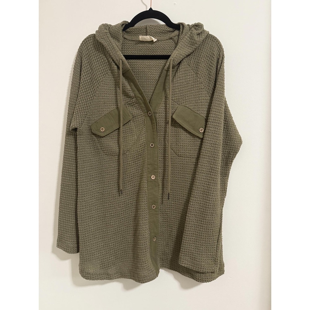 New In Brand Cozy‎ Hooded Waffle Knit Button-Up  Womens Small